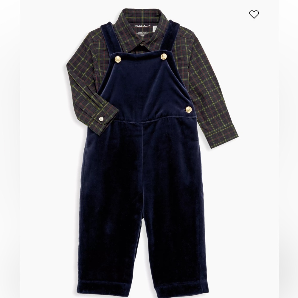 NWT Ralph Lauren Boys Cotton Shirt & Velvet Overall Set Holiday Christmas 12 Mos